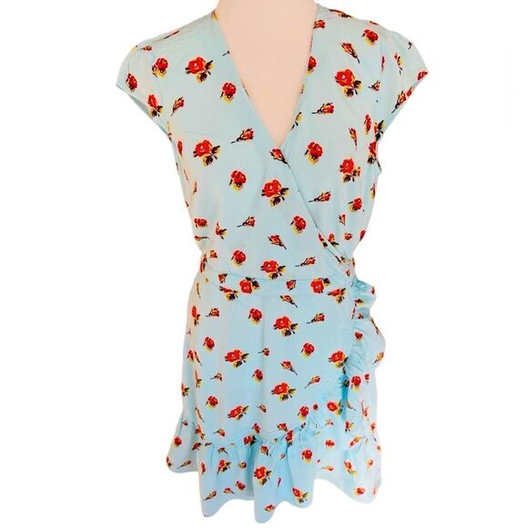 J Crew Mercantile blue floral faux wrap style ruffle dress size 4. - Picture 2 of 7